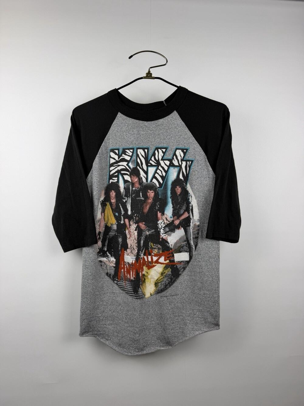 Vintage 1984 KISS Animalize Tour Raglan Concert Shirt NO MAKE UP Rare XL 21x29